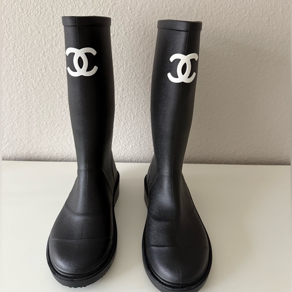 CHANEL Black Knee-High Logo Rain Boots
